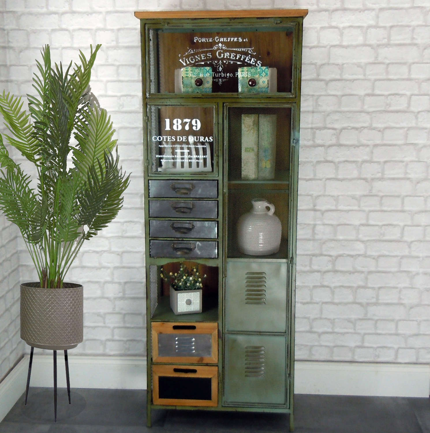 Industrial metal and wood tall cabinet