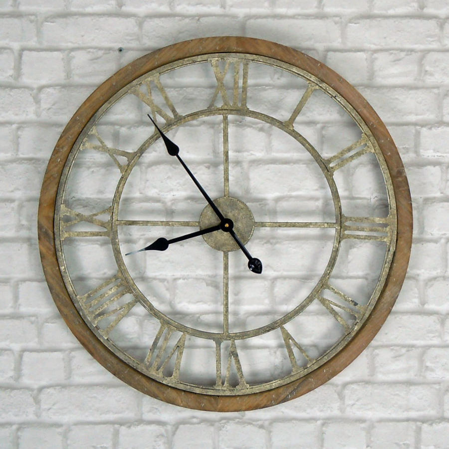 Rustic wood and metal round wall clock