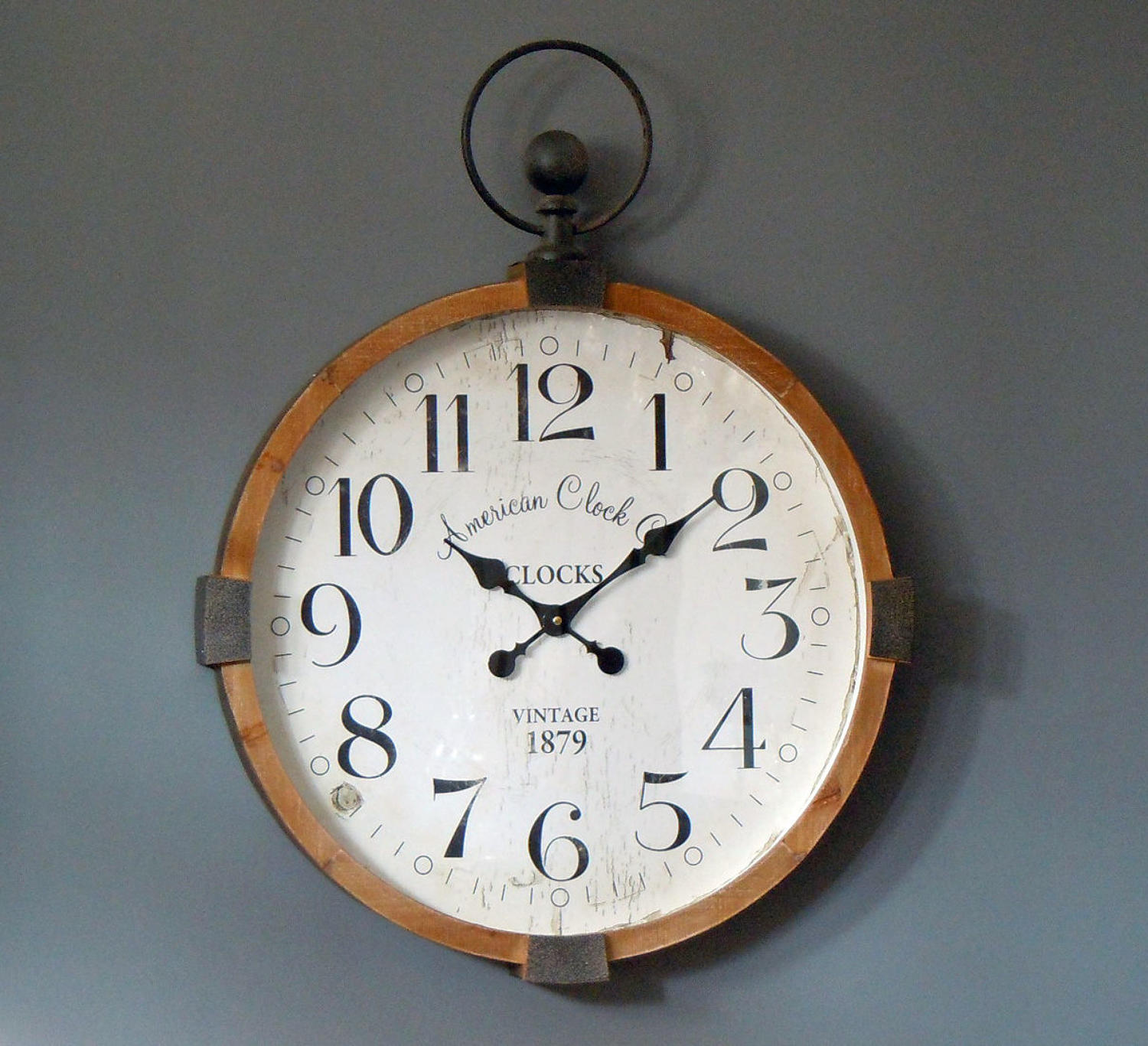 Rustic industrial wood and metal round wall clock