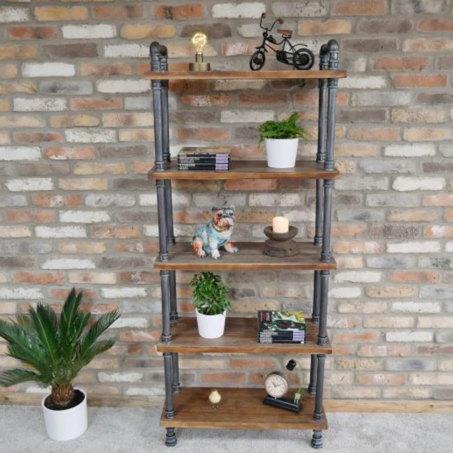 Industrial wood shelving unit with steel pipes
