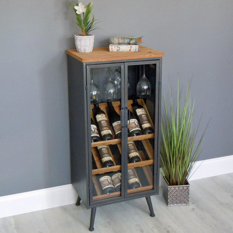 Industrial wood and metal wine cabinet