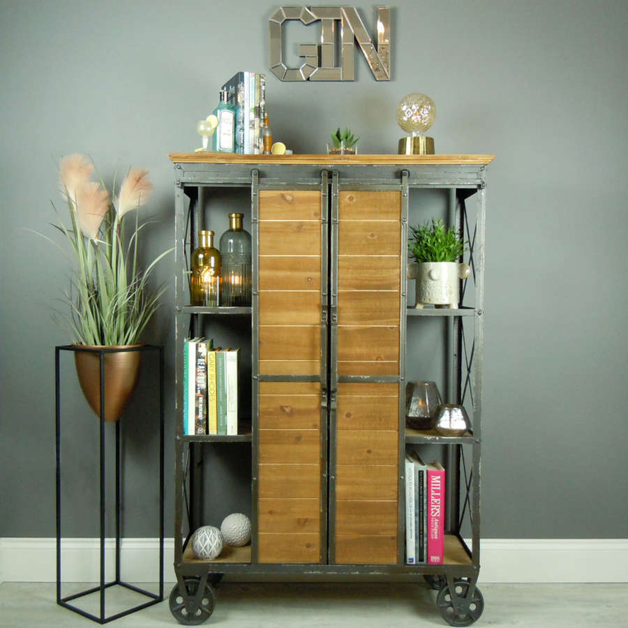 Industrial metal and wood cabinet on wheels