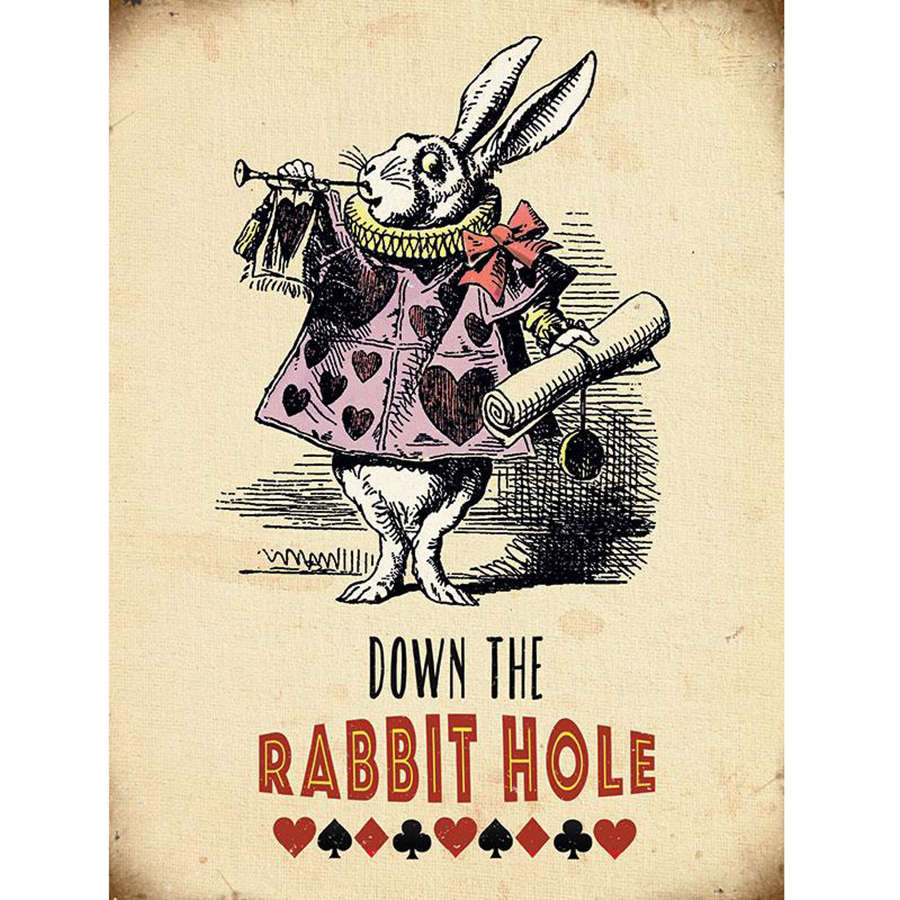 Alice in Wonderland, Down The Rabbit Hole, metal sign.