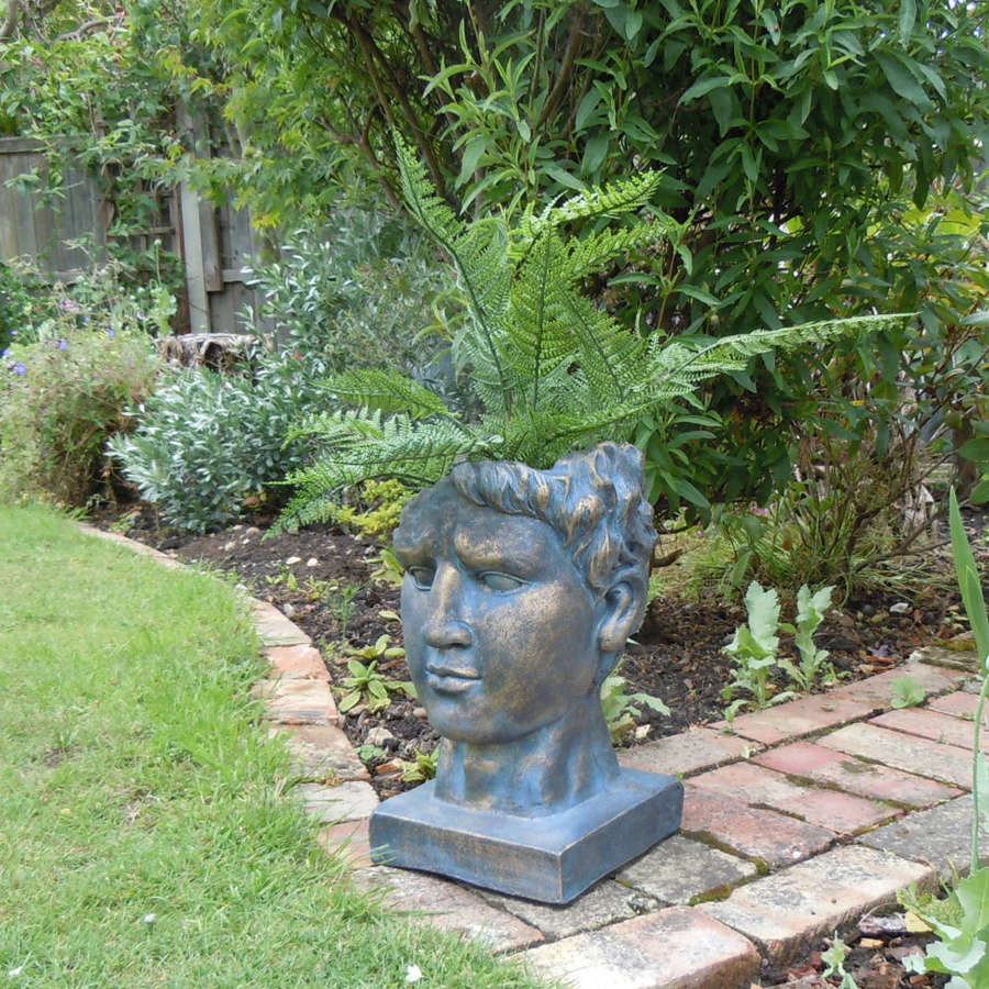 Antique bronze effect Roman head planter