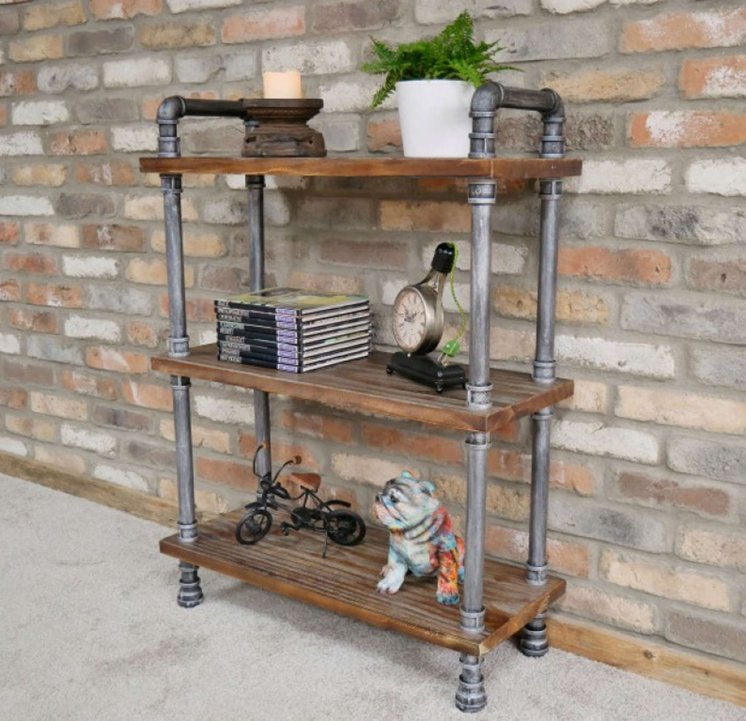 Industrial wood shelving unit with steel pipes