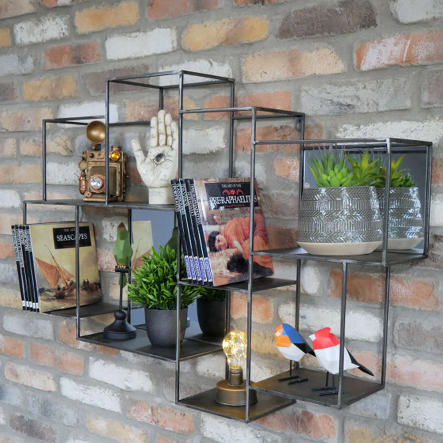 Industrial metal wall shelving with mirrors