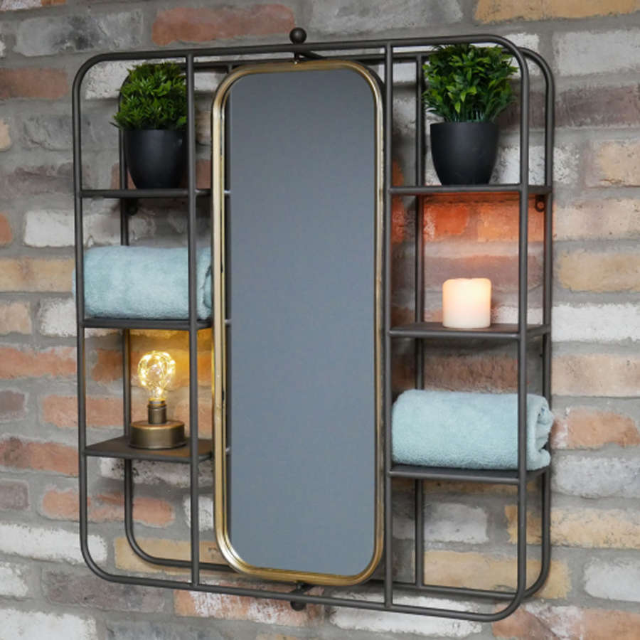 Industrial metal wall shelving unit with mirror