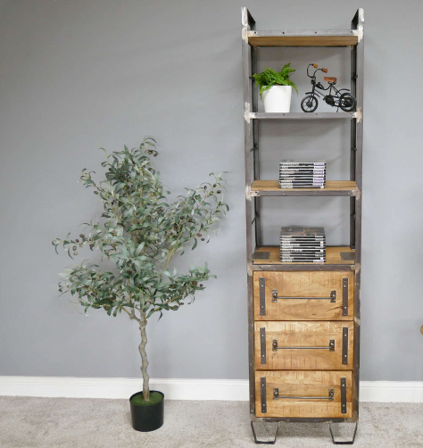 Industrial style Mango wood and iron shelving unit with drawers
