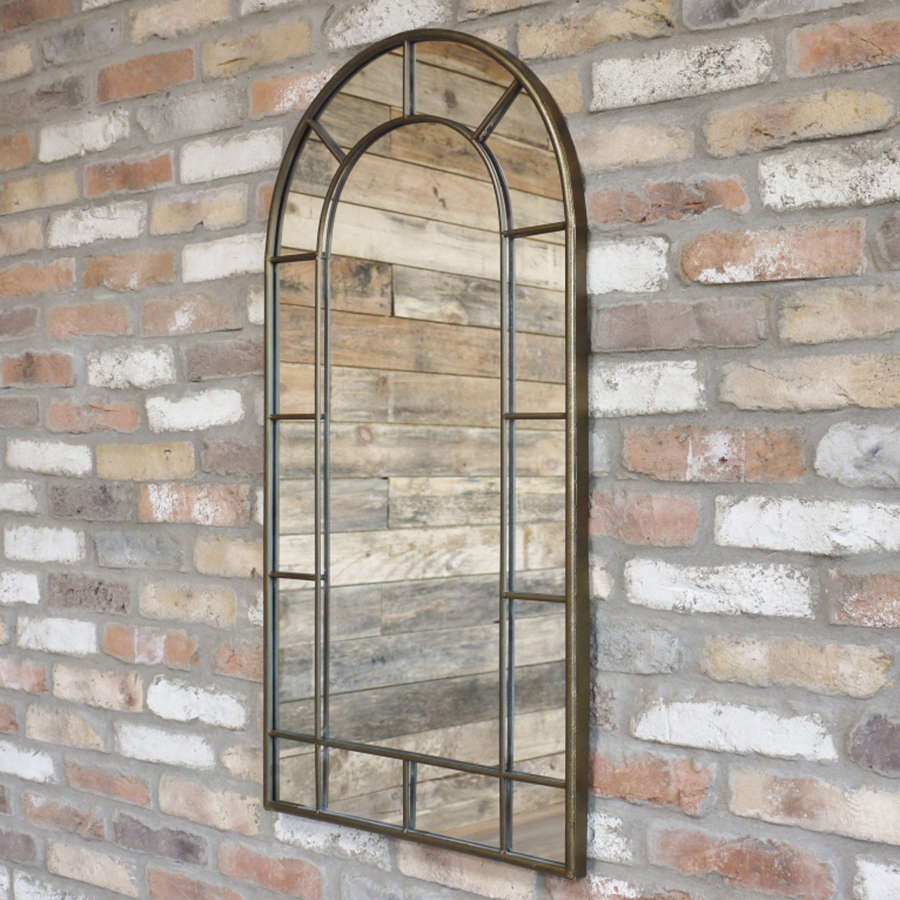 Antique gold metal arched window mirror