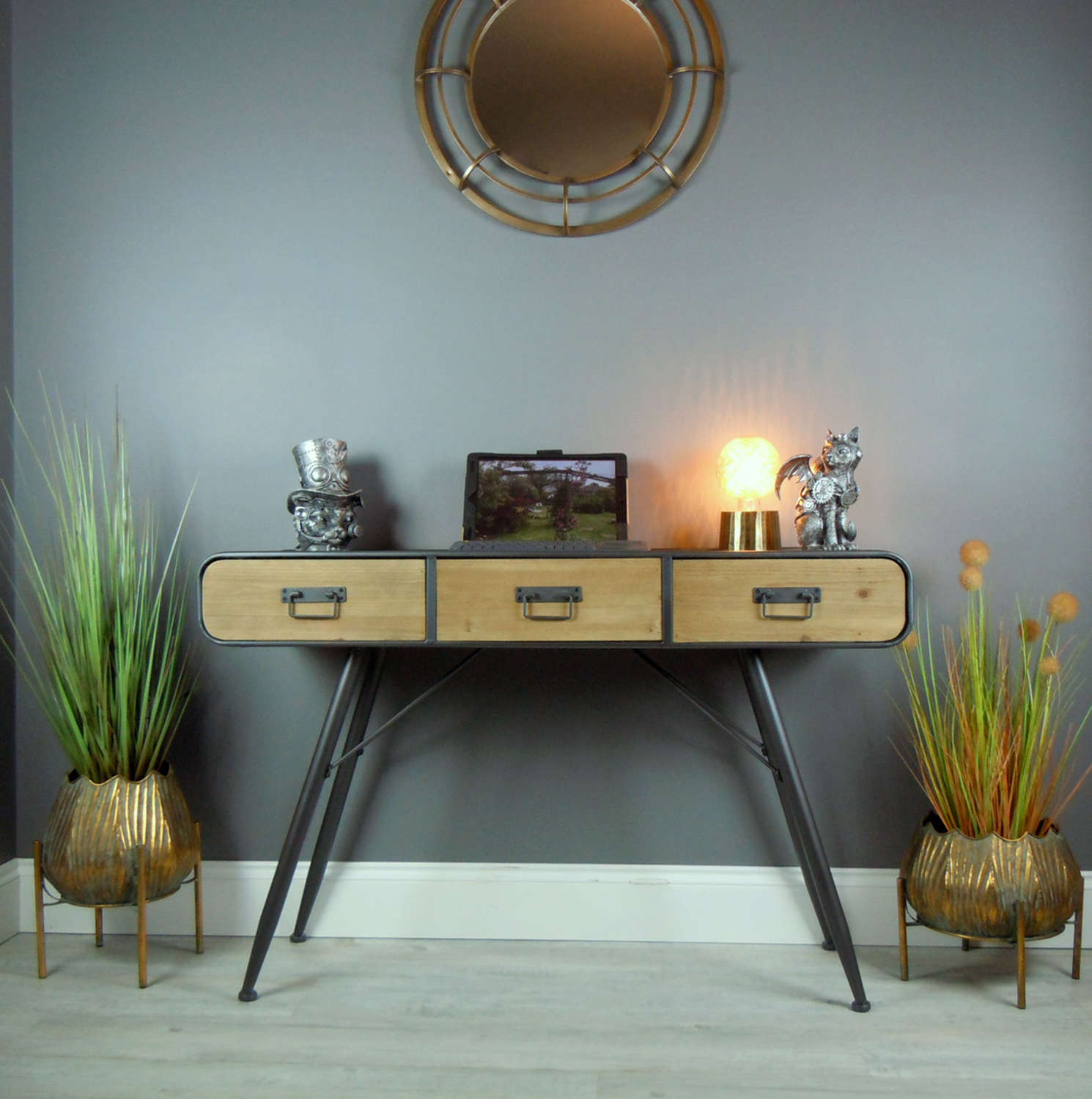 Retro style wood and metal desk with drawers