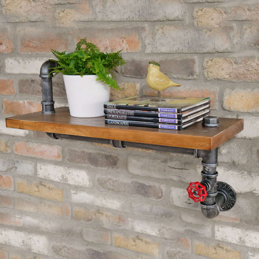 Industrial wooden shelf with steel pipes