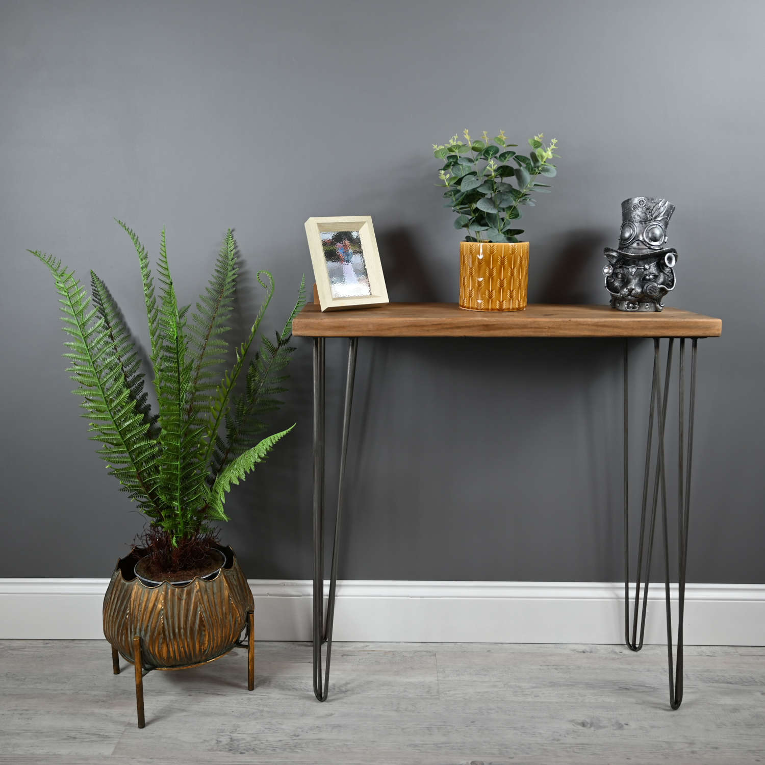 Reclaimed timber console table with hairpin legs