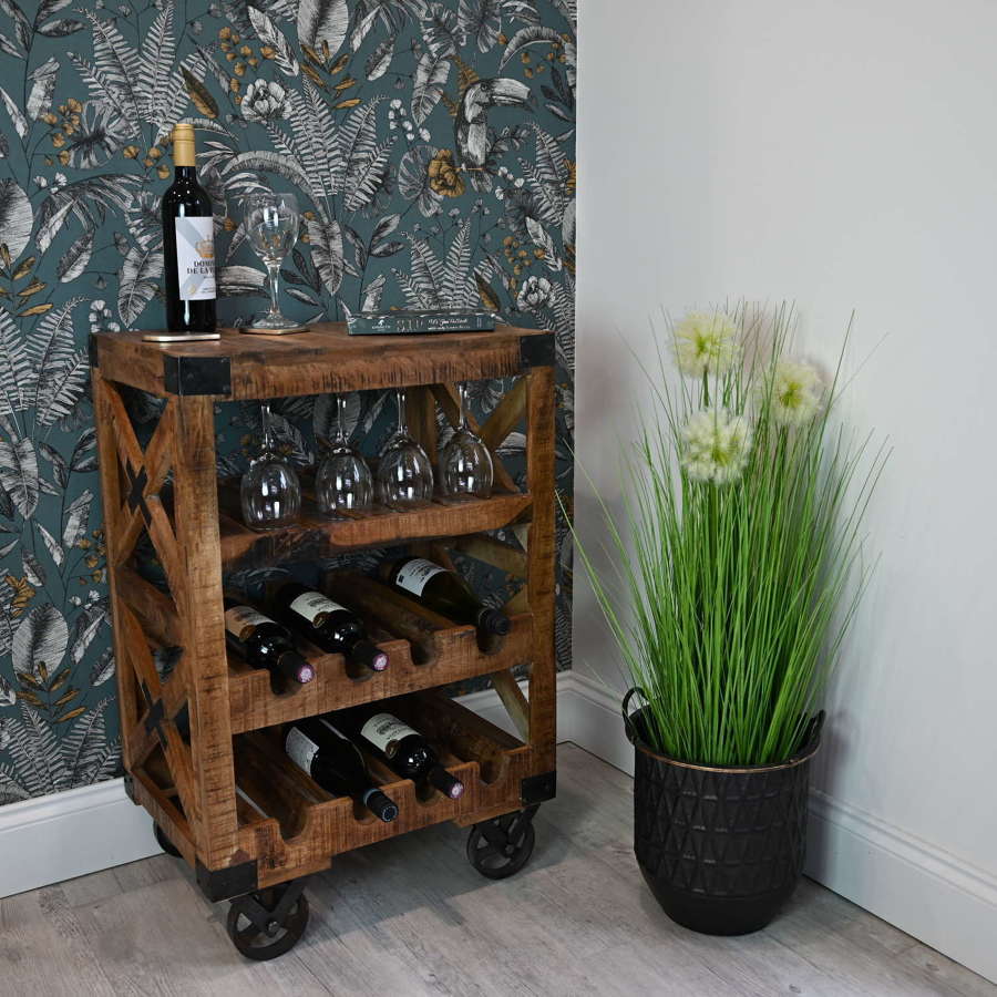 Rustic industrial wine trolley with cast iron wheels