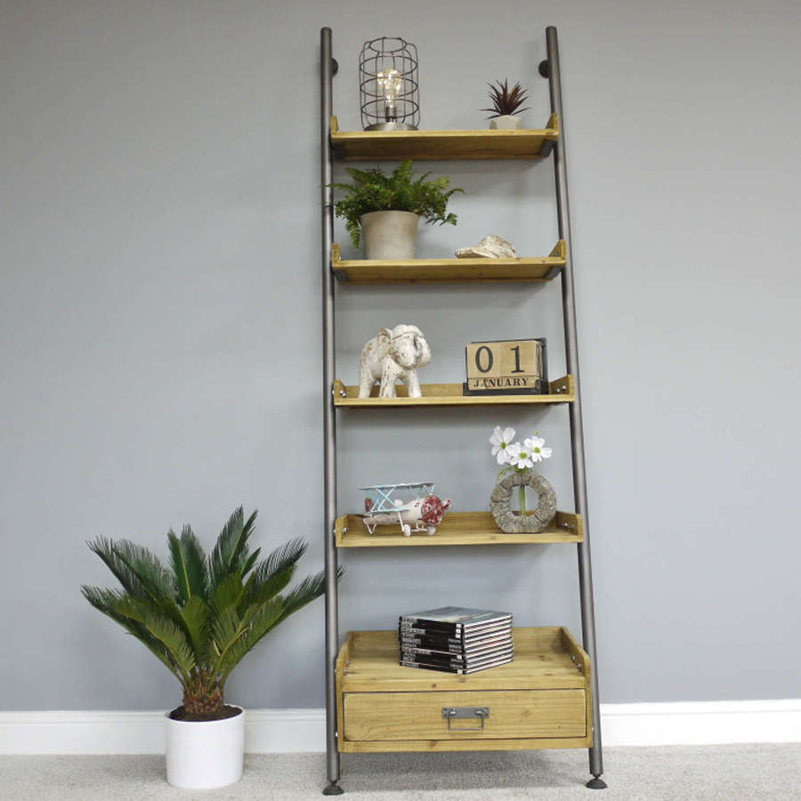 Ladder style shelving with drawer