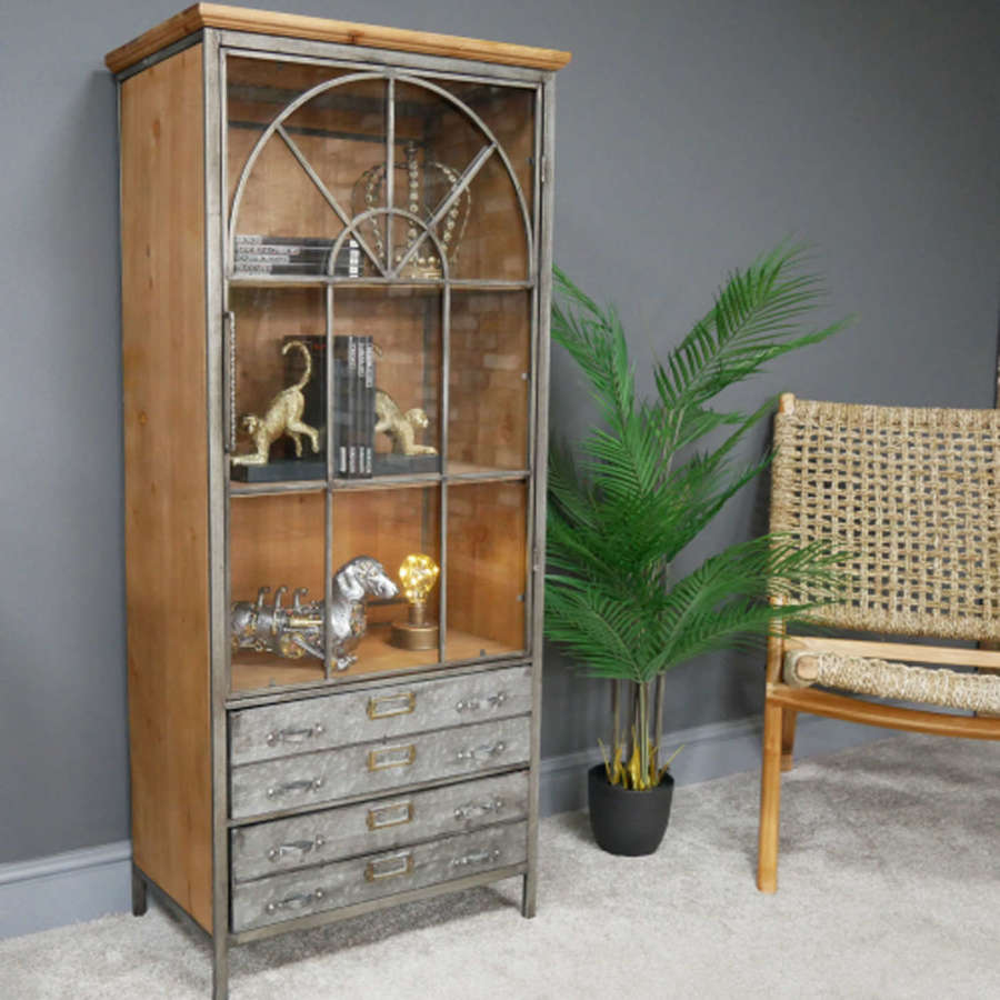 Metal and wood display cabinet with drawers