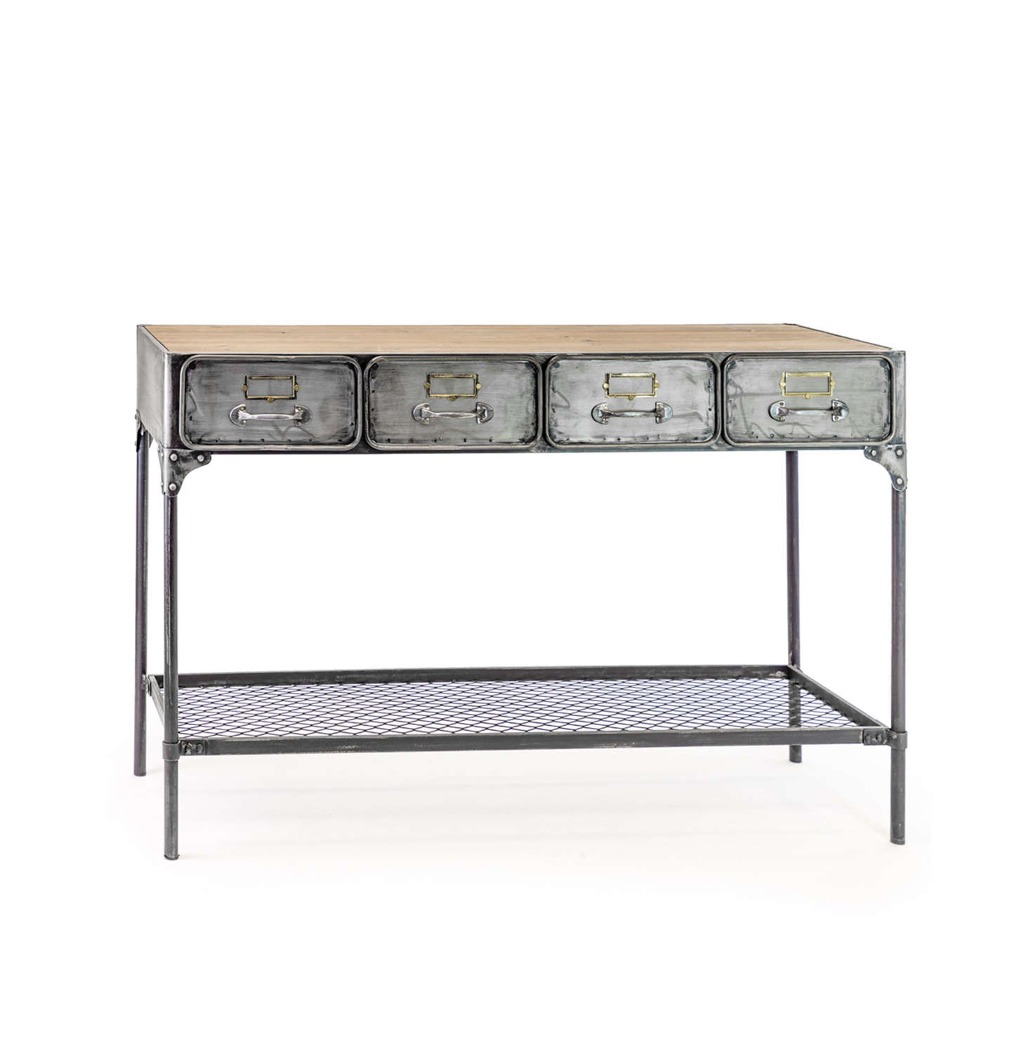 Industrial metal console table with drawers