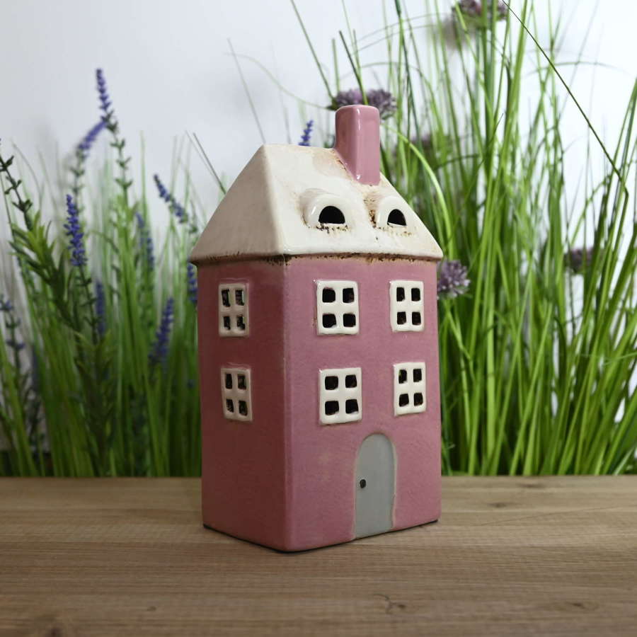 Pottery Village large pink house tealight holder