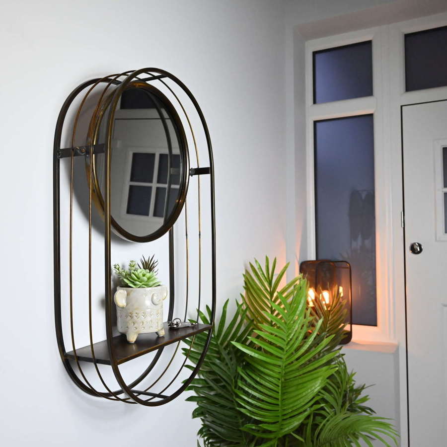 Rustic oval bronzed mirror with shelf
