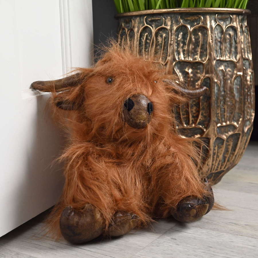 Fluffy Brown Highland Cow doorstop Sitting